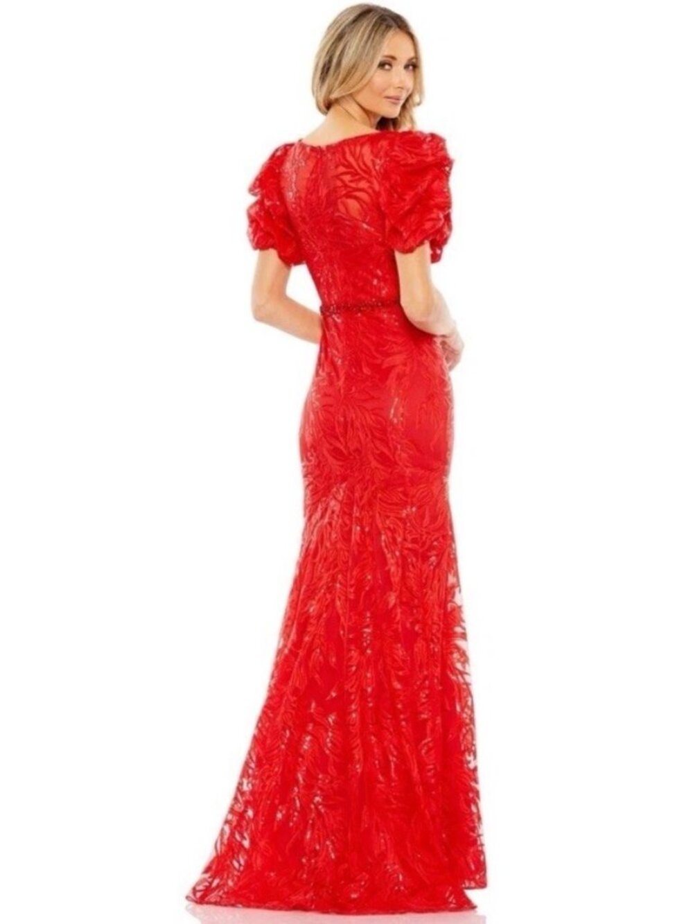 MAC DUGGAL Size 14 Red 12421 Embellished Puff Sleeve Plunge Neck Trumpet Gown - Picture 4 of 11